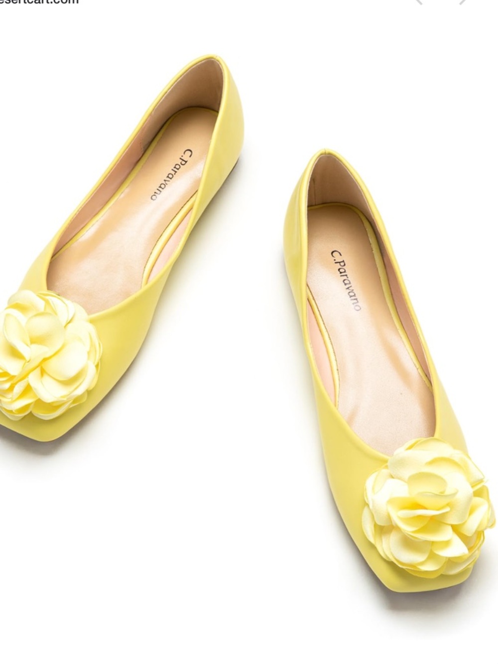 C.PARAVANO Yellow Floral Square Toe Soft Leather Flats